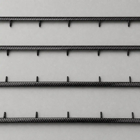 Carbon fiber style panel ambient light trim for automotive interior door lighting, shown on a clean gray textured background.