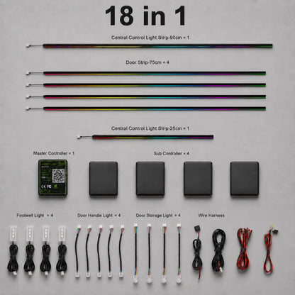 18 in 1 universal car interior panel ambient light kit including one 90 cm dashboard light strip, four 75 cm door light strips, one 25 cm center console light strip, master controller, four sub controllers and complete wiring harness.