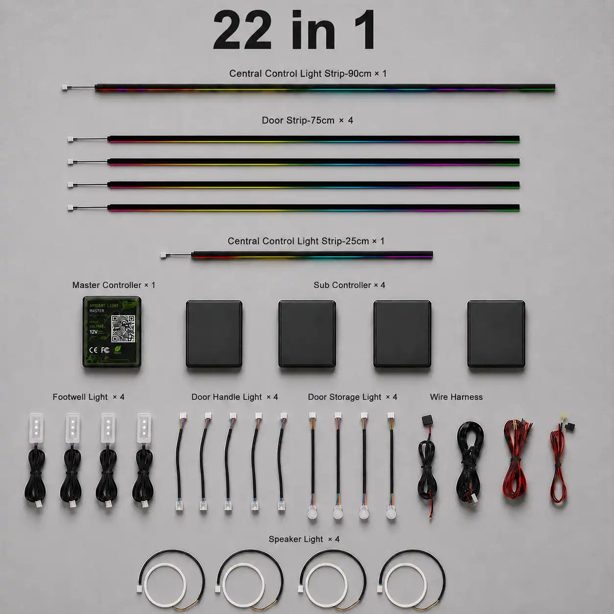 22 in 1 universal car interior panel ambient light kit including one 90 cm dashboard light strip, four 75 cm door light strips, one 25 cm center console light strip, master controller, four sub controllers and complete wiring harness.