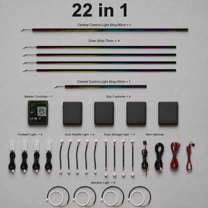 22 in 1 universal car interior panel ambient light kit including one 90 cm dashboard light strip, four 75 cm door light strips, one 25 cm center console light strip, master controller, four sub controllers and complete wiring harness.