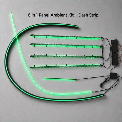 6 in 1 RGBIC panel ambient light kit with dash ambient light strip, designed for OEM-style automotive interior ambient lighting and universal vehicle installation.