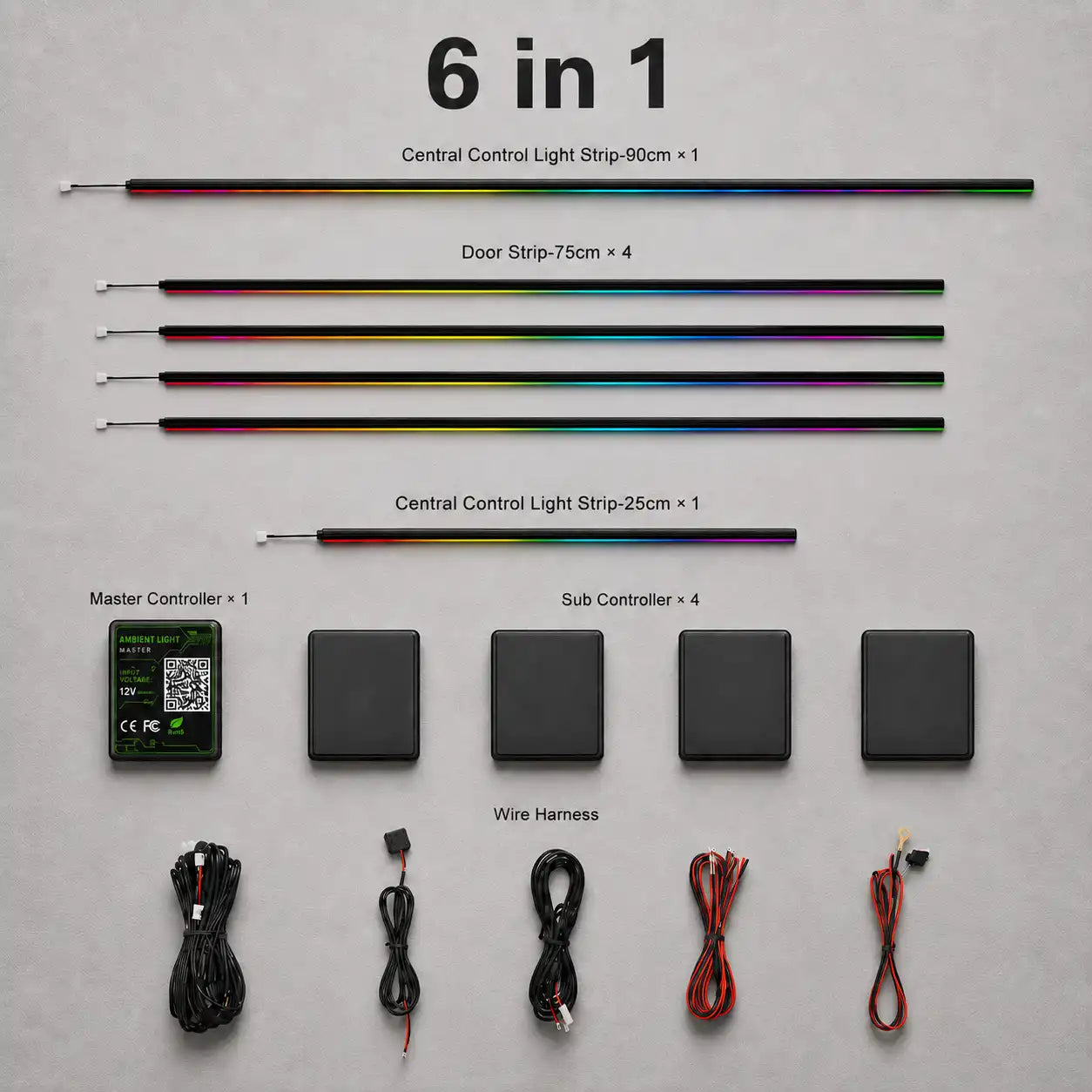 6 in 1 universal car interior panel ambient light kit including one 90 cm dashboard light strip, four 75 cm door light strips, one 25 cm center console light strip, master controller, four sub controllers and complete wiring harness.