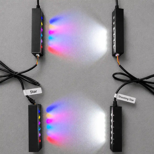 RGBIC star light module with color-changing lighting effect for automotive fiber optic starlight headliner systems.