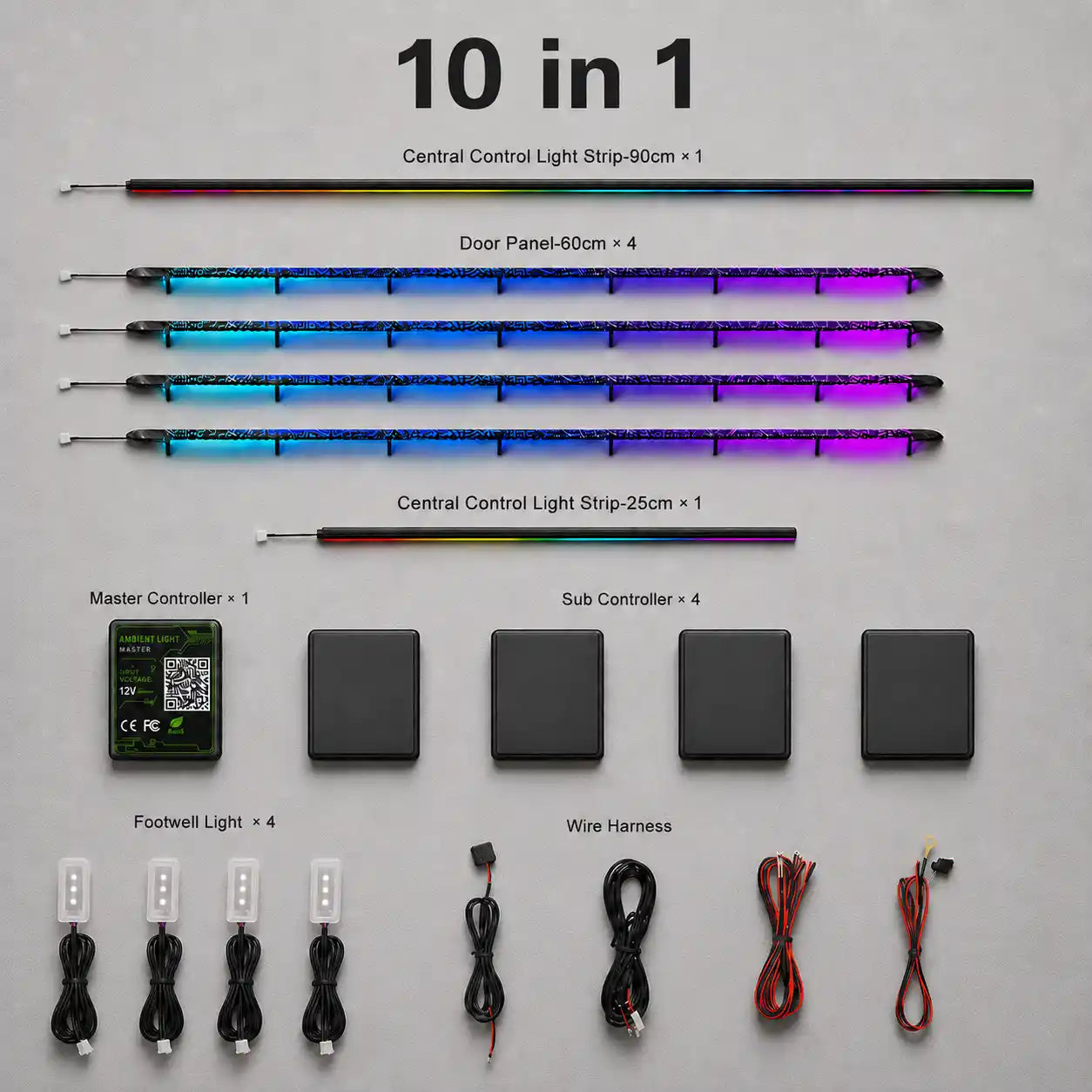 Coojen 10 in 1 automotive ambient lighting kit with RGB door panel, door handle, door storage, speaker and footwell lights