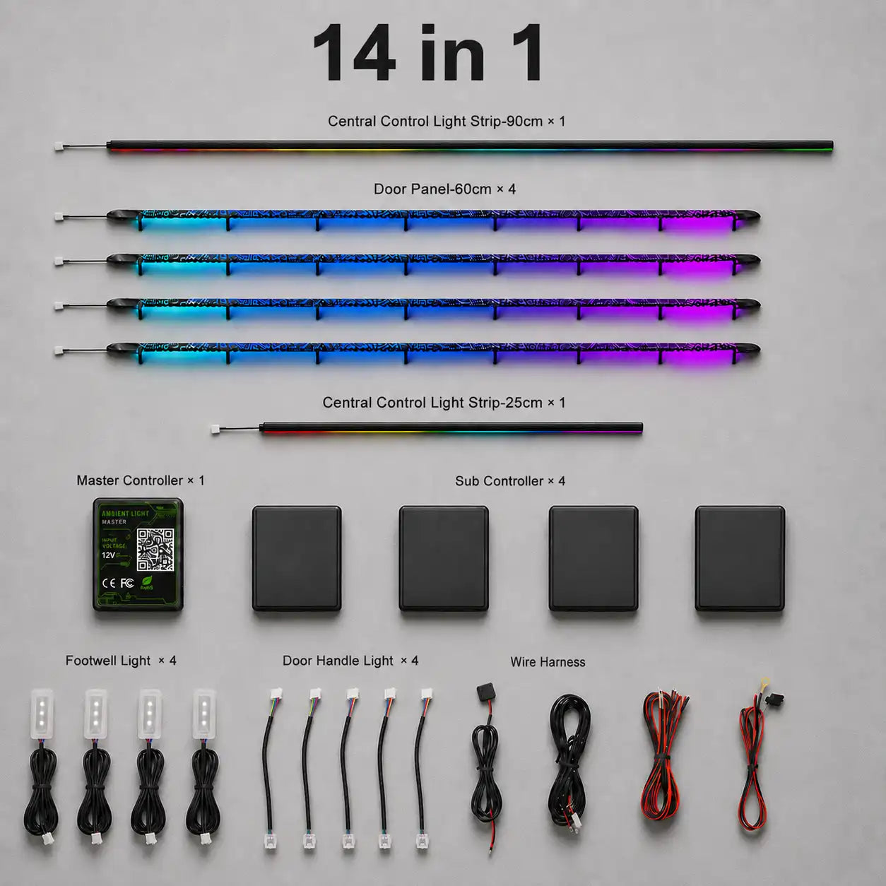 Coojen 14 in 1 automotive ambient lighting kit with RGB door panel, door handle, door storage, speaker and footwell lights