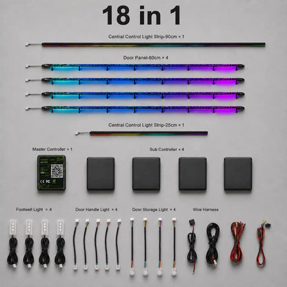 Coojen 18  in 1 automotive ambient lighting kit with RGB door panel, door handle, door storage, speaker and footwell lights