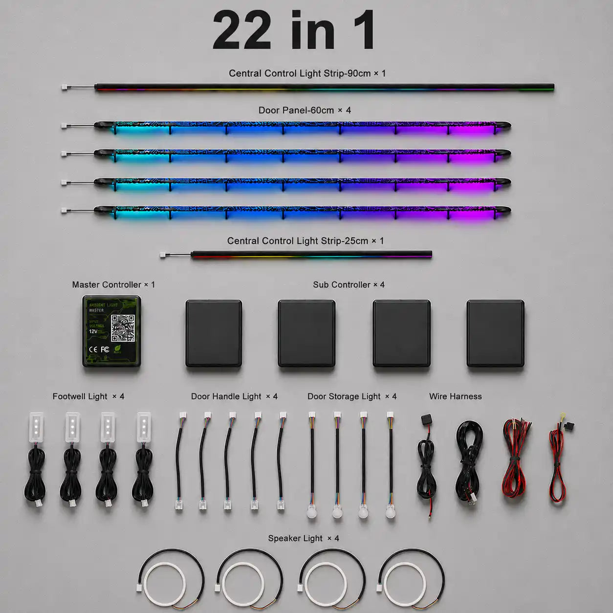 Coojen 22 in 1 automotive ambient lighting kit with RGB door panel, door handle, door storage, speaker and footwell lights
