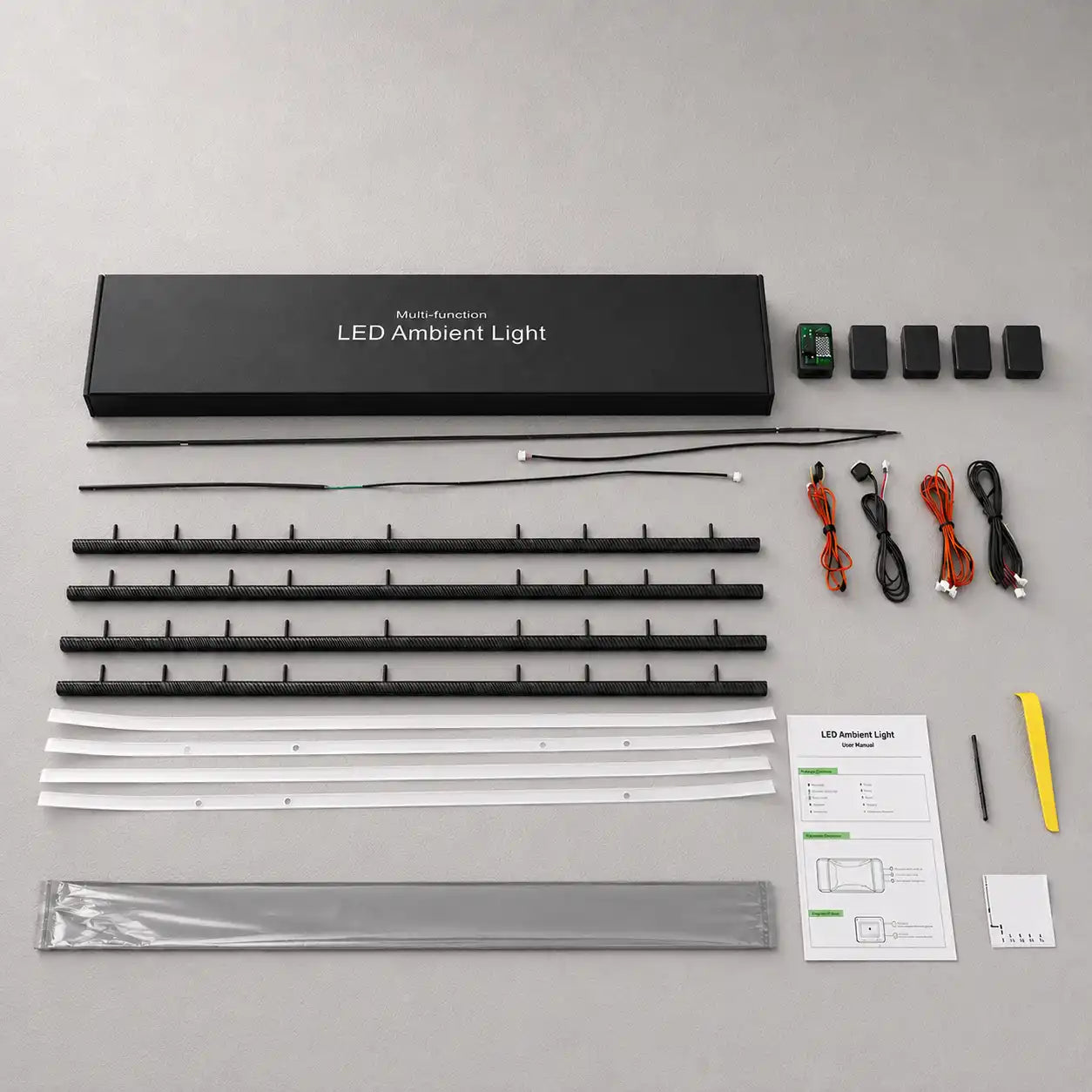 RGB automotive interior panel ambient lighting kit with carbon fiber trim, door panel LED light strips, controllers, wiring harness, installation templates and accessories