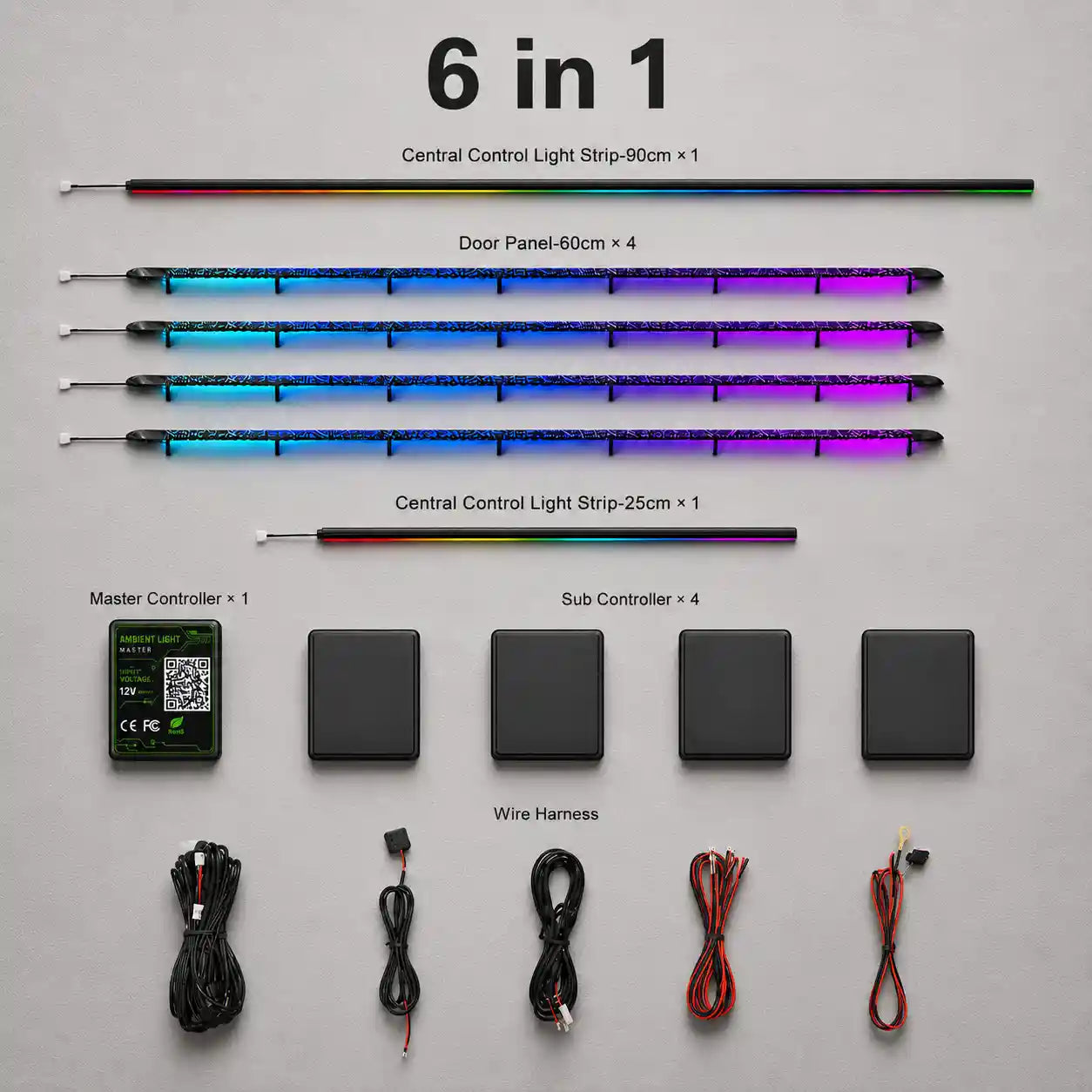 Coojen 6 in 1 automotive ambient lighting kit with RGB door panel, door handle, door storage, speaker and footwell lights