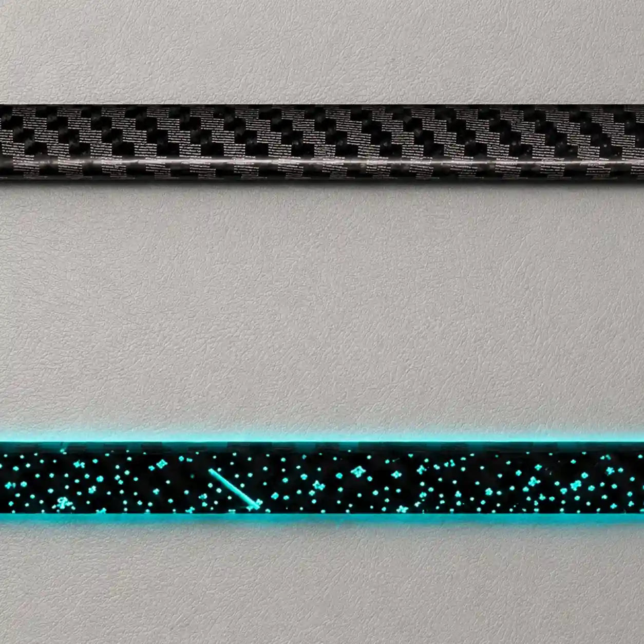Carbon fiber automotive door panel trim with RGB ambient lighting, unlit and illuminated appearance comparison