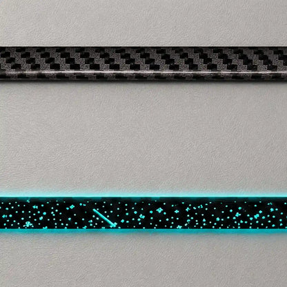 Carbon fiber automotive door panel trim with RGB ambient lighting, unlit and illuminated appearance comparison