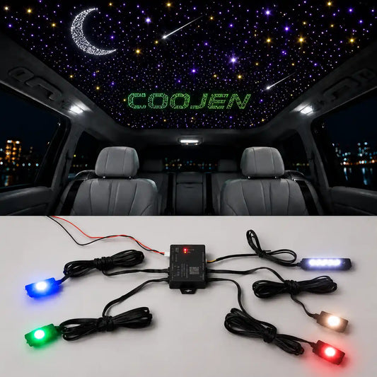 Coojen RGBIC Starlight Headliner Kit featuring a luxury car ceiling application with star lights, shooting stars, moon pattern and complete RGBIC lighting control kit.