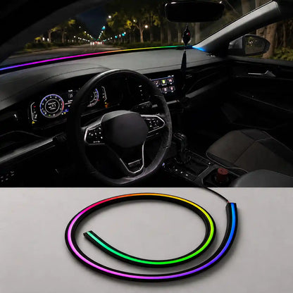 Flexible RGBIC dash ambient light for car dashboard, OEM-style automotive interior ambient lighting with seamless windshield installation.