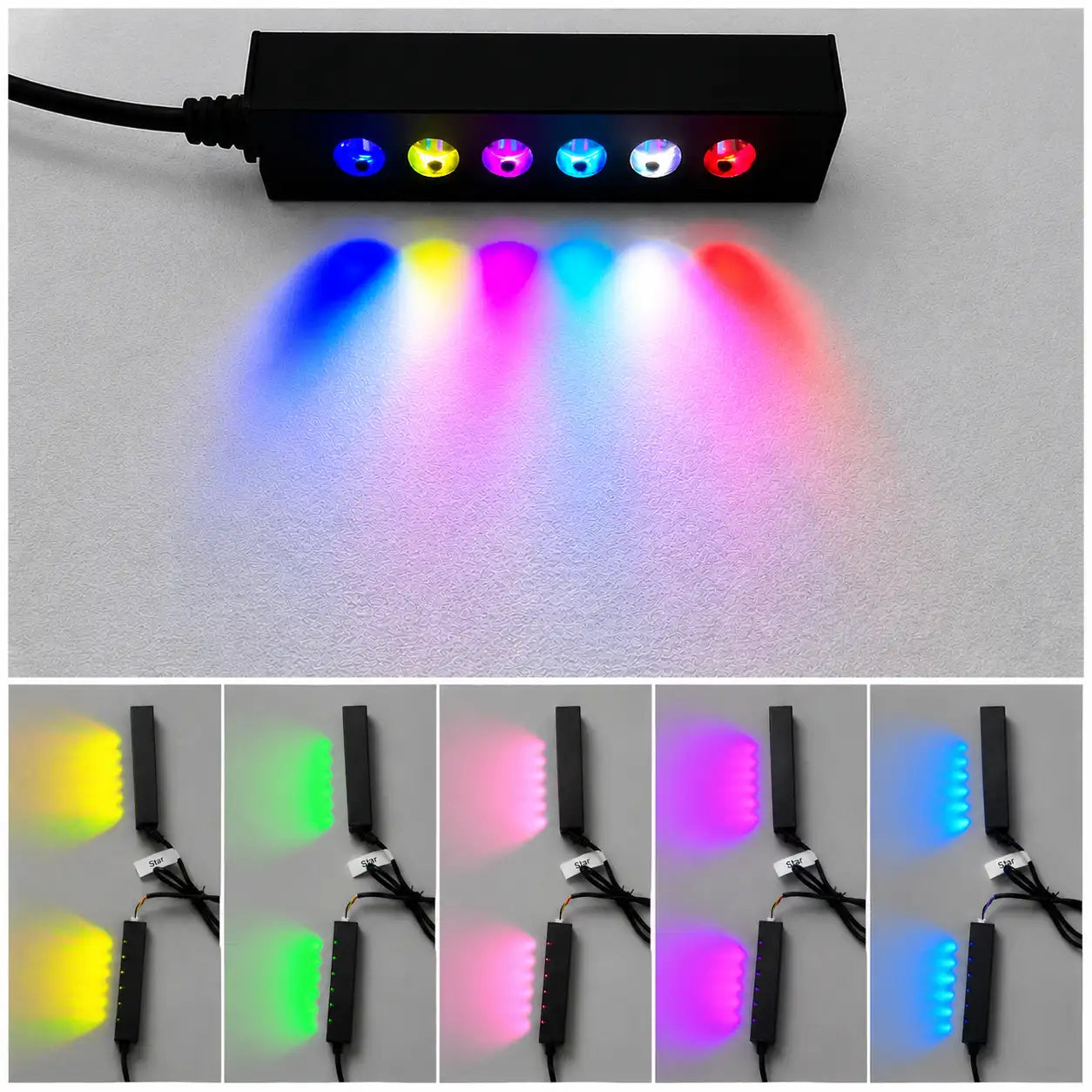 Automotive panel ambient light RGBIC multi-color lighting system showing installation examples and lighting effects on car interior trim, designed for OEM-style automotive ambient lighting customization and aftermarket upgrade solutions.
