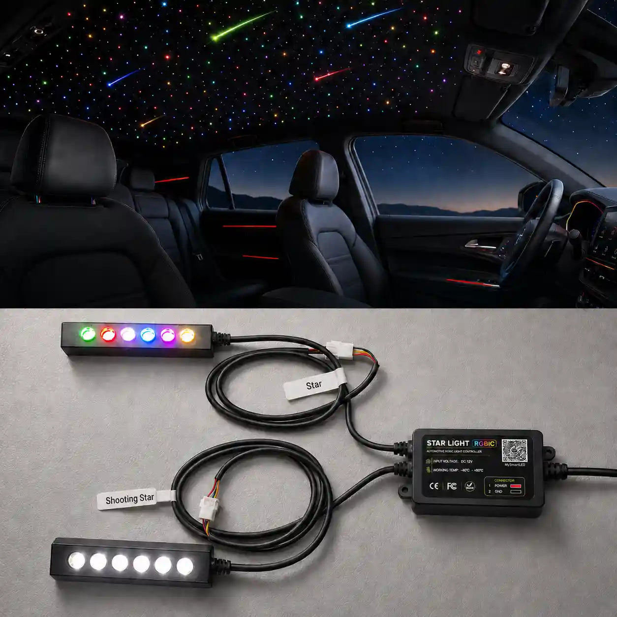 RGBIC automotive star light controller kit with color-changing stars and shooting star effect for car starlight headliner installation.