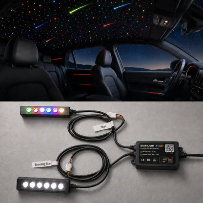 RGBIC automotive star light controller kit with color-changing stars and shooting star effect for car starlight headliner installation.