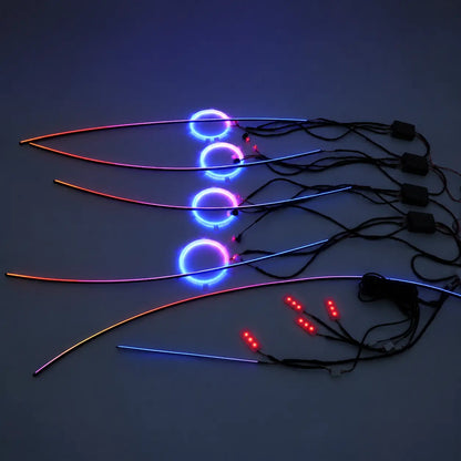Universal RGBIC car interior panel ambient light kit illuminated with dynamic multicolor lighting, featuring door panel light bars, speaker ambient lights, dashboard light and synchronized RGBIC lighting effects.