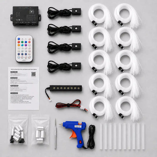 Automotive star ceiling fiber optic lighting kit accessories with 10 fiber optic bundles, LED controller, remote, meteor module, glue gun, glue sticks, installation tools and mounting accessories.