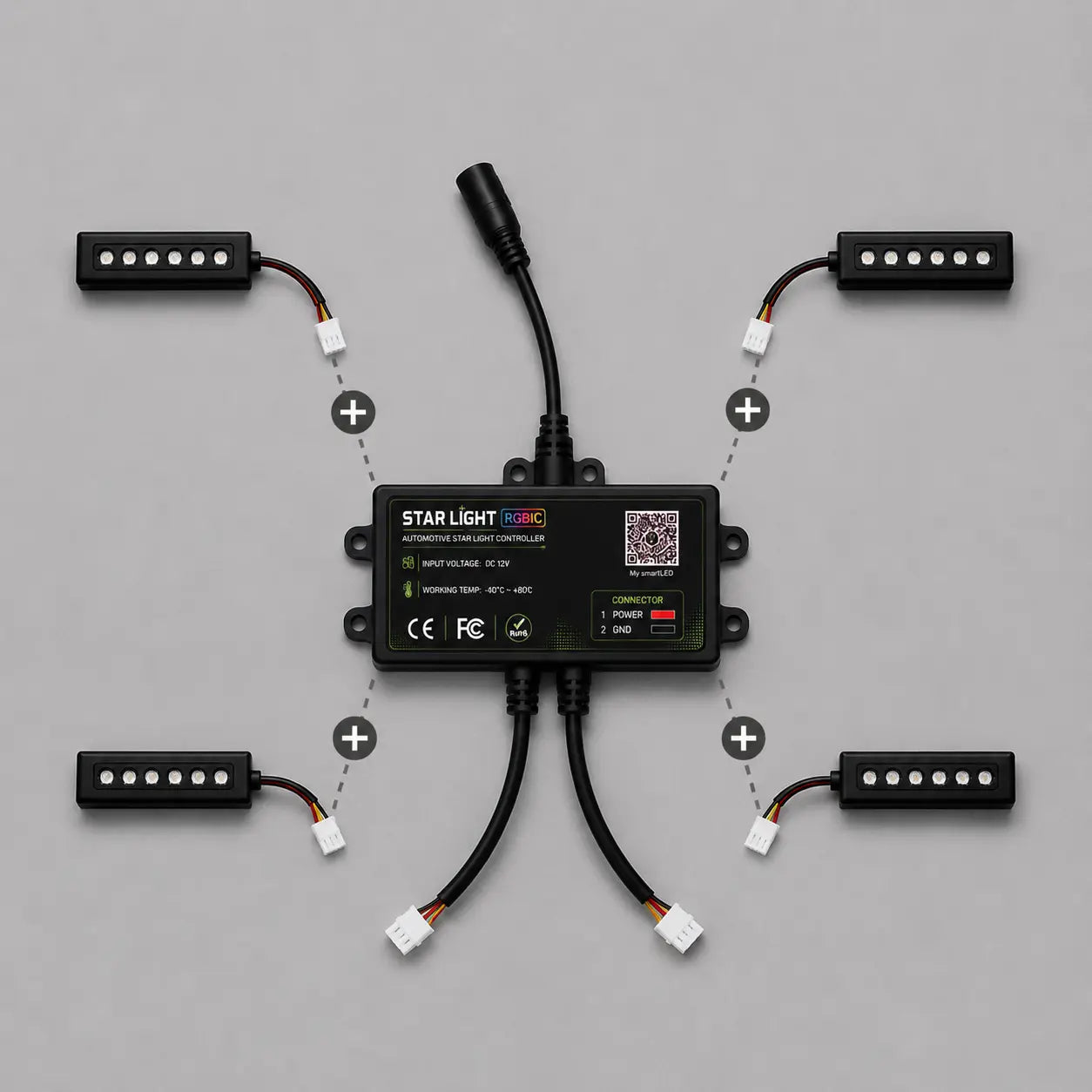 Expandable STAR LIGHT RGBIC system with central controller and plug-and-play modules, allowing flexible customization of automotive ambient lighting setups for OEM-style interior upgrades.