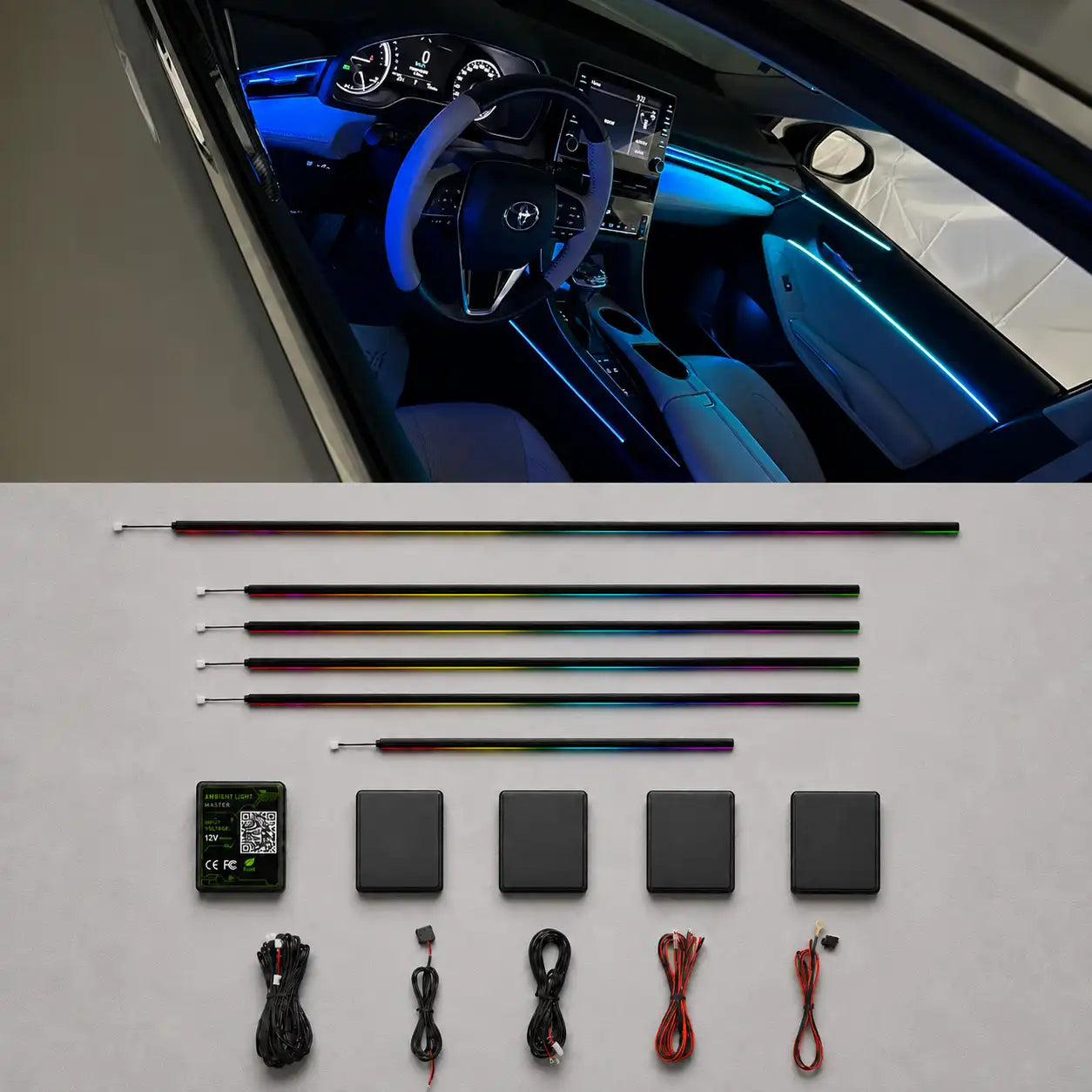 Universal car interior panel ambient light kit featuring RGBIC door panel lights, dashboard lighting, center console lighting, control modules and complete installation accessories.