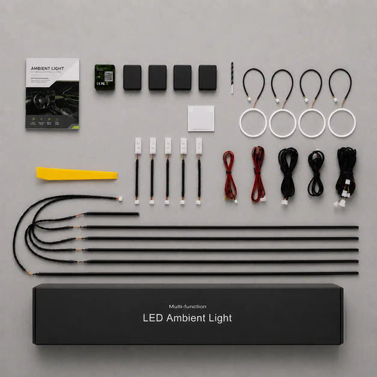 Complete universal car interior panel ambient light kit with RGBIC door panel lights, speaker ambient lights, dashboard light, controller modules, wiring harness, installation accessories, user manual and retail packaging.